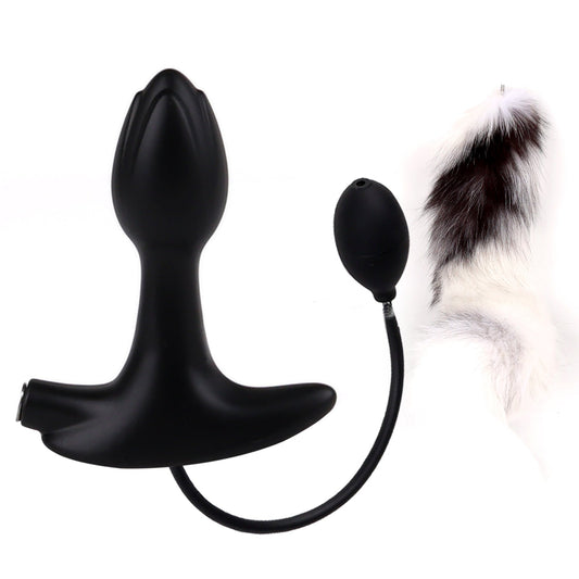 MAPARON インフレート式アナルプラグ アナル尻尾 尻尾付き アナル拡張 空気注入式 最大8cmに膨らめる 分割式 液体シリコン ブラック - TaRiss's